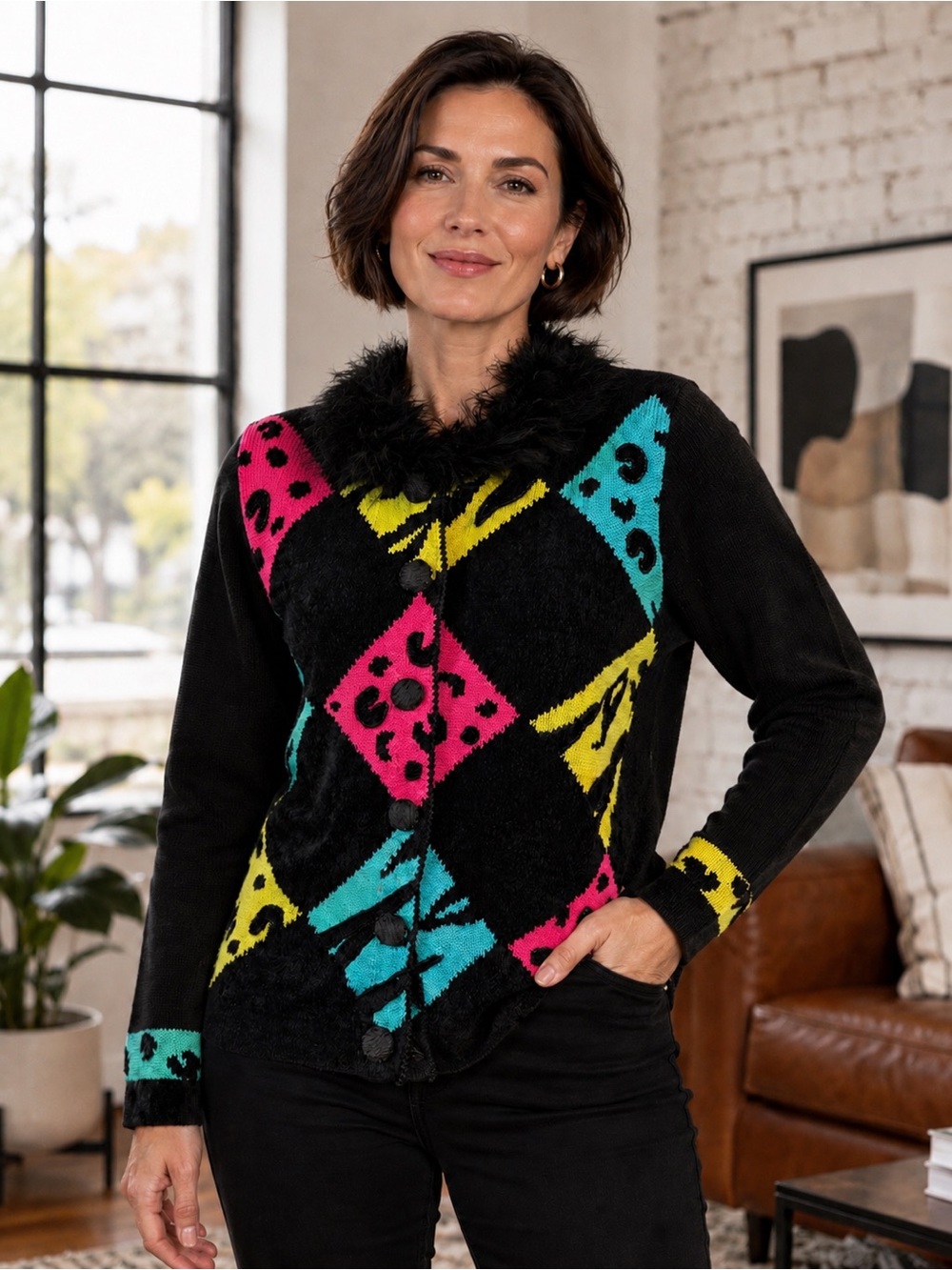 Jack B Quick Cardigan Sweater Women’s Sz PS  Black Pink Blue Faux Fur Collar